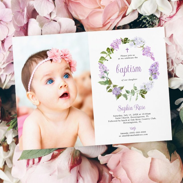 Rustic Lilac Flowers Photo Girl Baptism Inbjudningar (Skapare uppladdad)