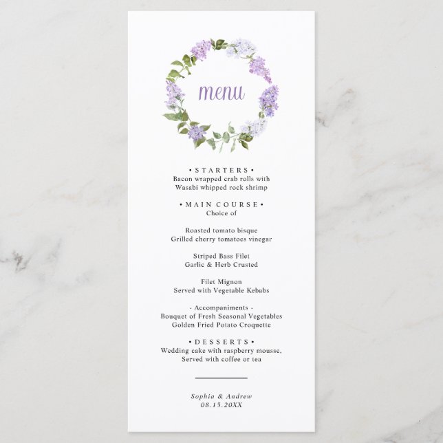 Rustic Lilac Flowers Wedding Menu Meny (Framsida)