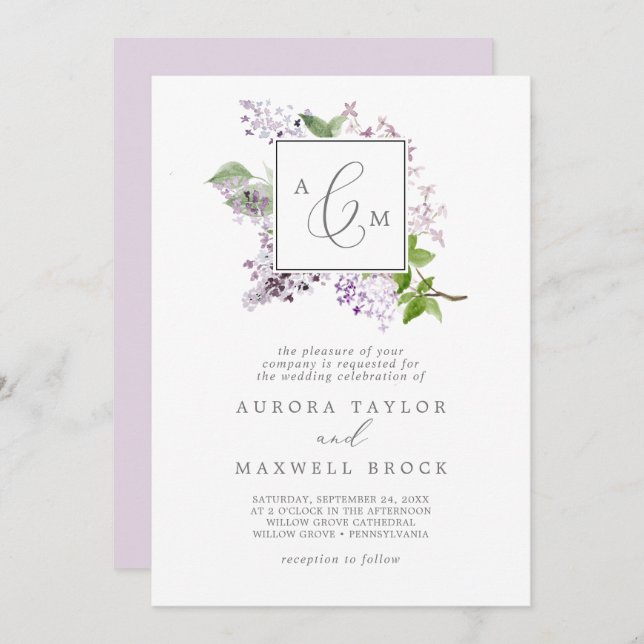Rustic Lilac Formal Monogram Bröllop Inbjudningar (Fram/baksida)