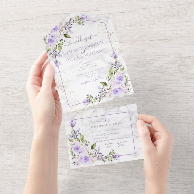 Rustic Lilac Lavender Guld Marble Blommigt Bröllop (Avrivbar del)
