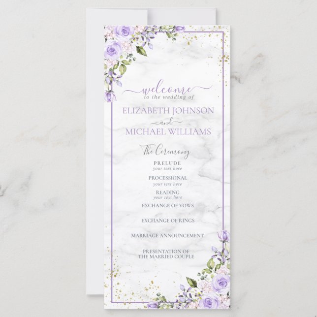 Rustic Lilac Lavender Guld Marble Blommigt Program (Framsida)