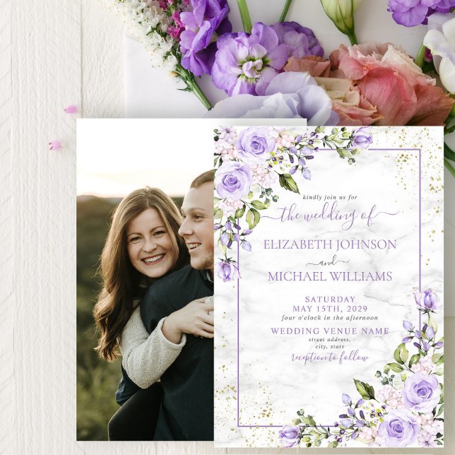 Rustic Lilac Lavender Guld Marble Photo Bröllop Inbjudningar (Skapare uppladdad)