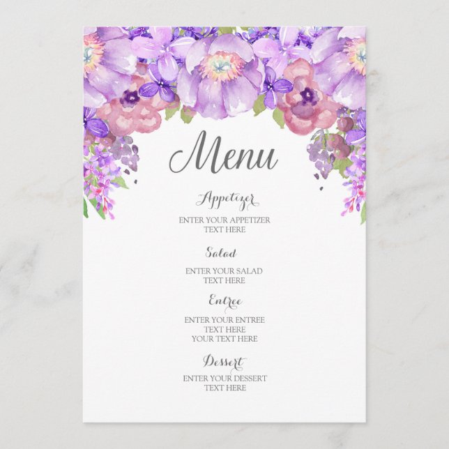 Rustic Lilac Lila Watercolor Blommigt Bröllop Menu Meny (Framsida)