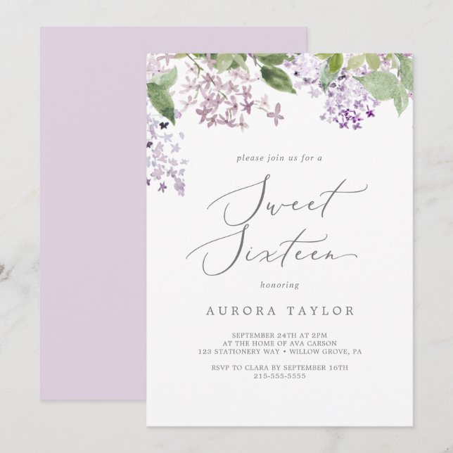 Rustic Lilac Sweet sixteen Birthday Inbjudningar (Fram/baksida)
