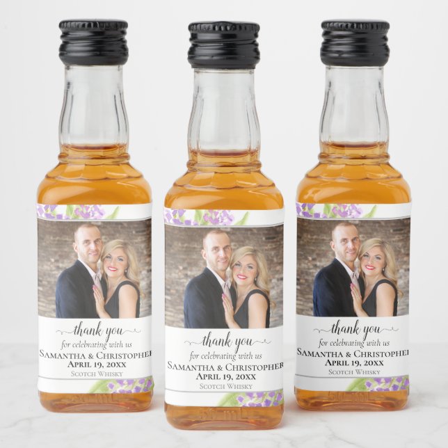 Rustic Lilacs Blommigt Bröllop Tack Photo Spritflaskor Etikett (Flaskor)