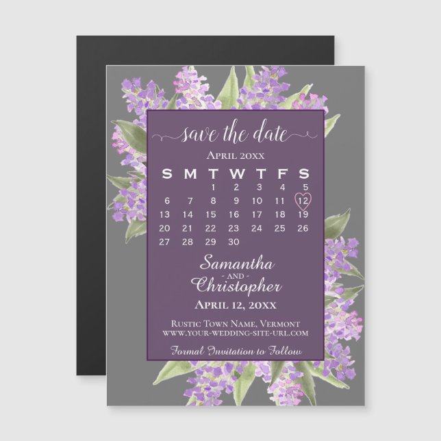 Rustic Lilacs Bröllop spara datum Calendar Grått Magnetisk Inbjudningskort (Fram/baksida)