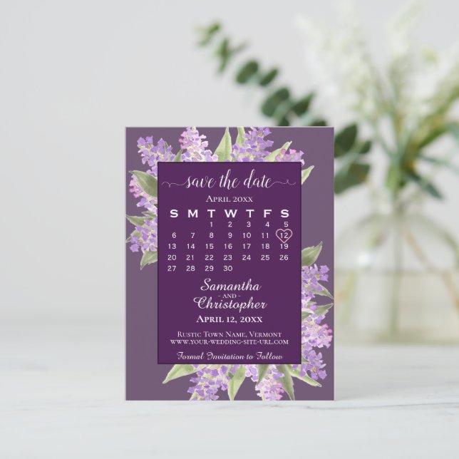 Rustic Lilacs Bröllop spara datum Calendar Plum Meddelande Vykort (Stående Fram)