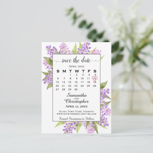 Rustic Lilacs Bröllop spara datum Calendar White Meddelande Vykort (Stående Fram)