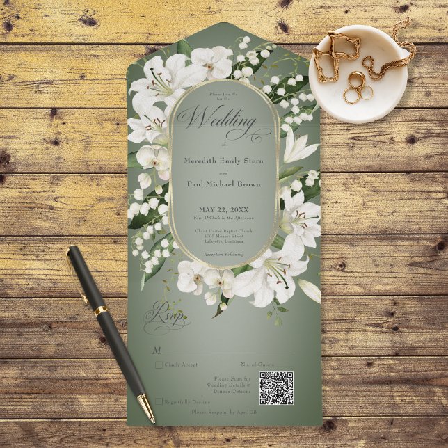 Rustic Lily of the Valley Blommigt Sage QR Code (Also available without a QR code; with or without dinner selection options.)