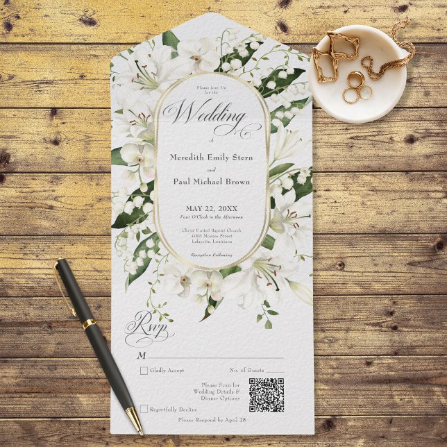 Rustic Lily of the Valley Blommigt White QR Code (Also available without a QR code; with or without dinner selection options.)