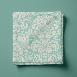 Rustic Linen Beige och Aqua Blommigt Damask Tyg