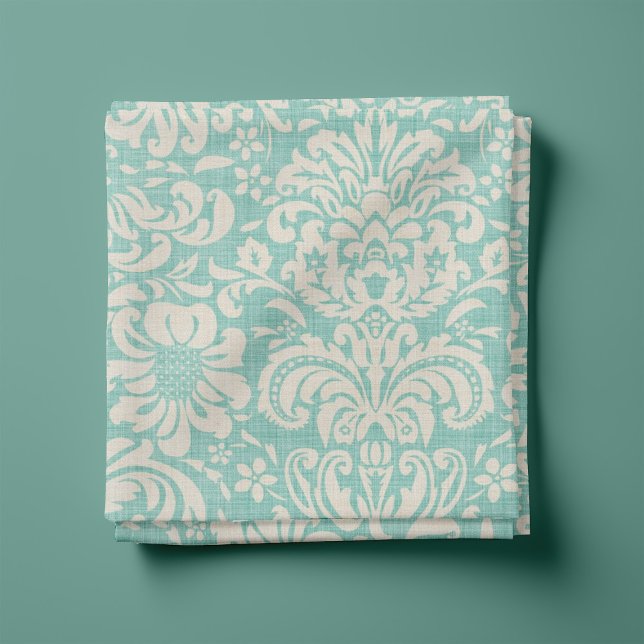 Rustic Linen Beige och Aqua Blommigt Damask Tyg (Skapare uppladdad)