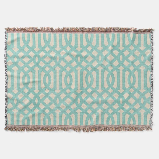 Rustic Linen Beige och Aqua Trellis Mysfilt (Framsidan)