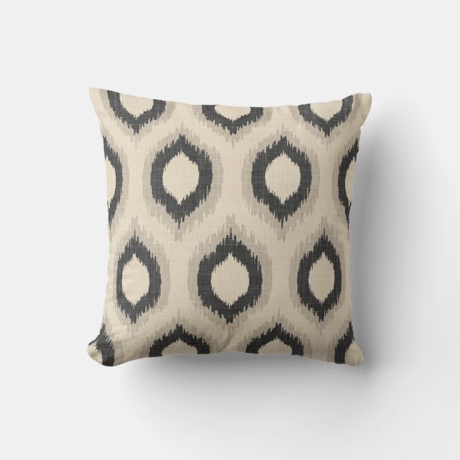 Rustic Linen Beige och Grått Ikat Print Kudde (Framsida)