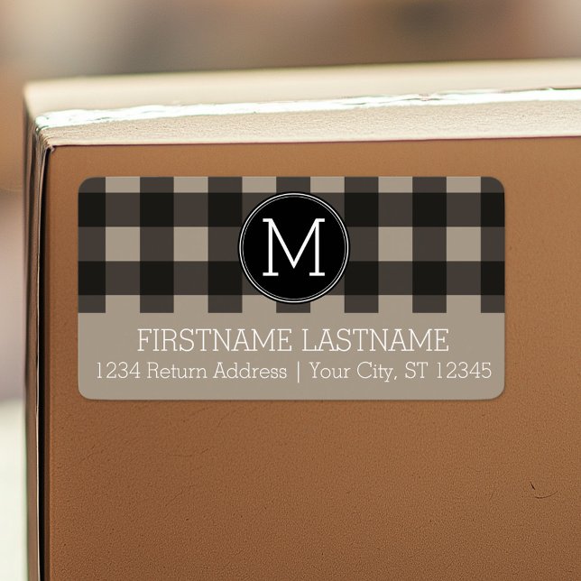 Rustic Linen Black Buffalo Play gingham Monogram Adressetikett (Custom Shipping Label with Return Address)