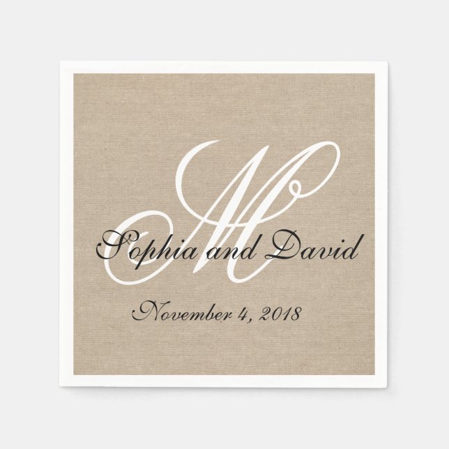 Rustic Linen Canvas Bröllop Monogram Napkins Pappersservett (Framsidan)