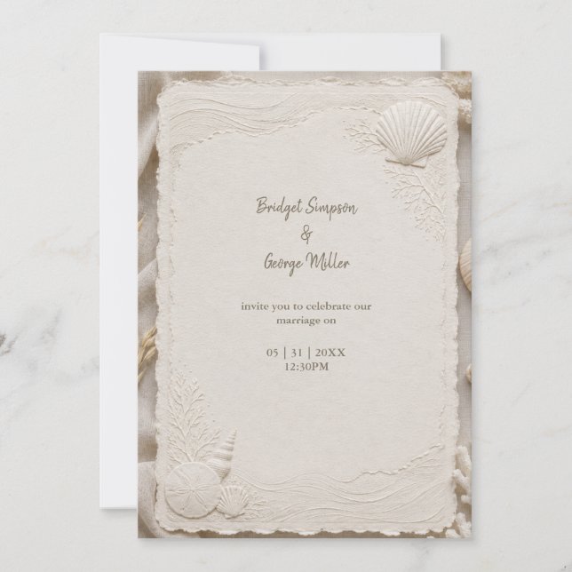 Rustic Linen Coastal Wedding Seashells Inbjudningar (Framsida)