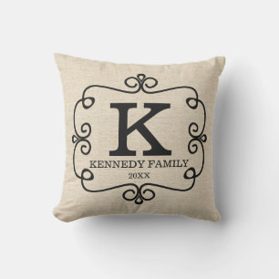 Rustic Linen Family Namn Monogrammed Dekorativ kud Kudde