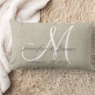 Rustic Linen Look with White Monogram Lumbarkudde