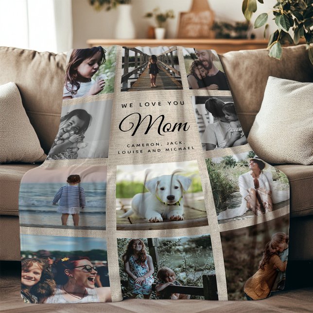Rustic Linen Photo Collage Mors dag Family Fleecefilt (Skapare uppladdad)
