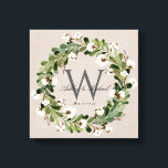 Rustic Linen Wandemonogram Bröllop Keepske Canvastryck<br><div class="desc">Personlig bröllop keepsaké. Den här eleganten är en rustik digital linen design av väggkonsten av arbetsyta med beige linen struktur med en vacker vattenfärgspäckage och bomullsskarpsill som ram är den klassiska mörken grått monogram initialt. Parets första namn är skriven över det första monogrammet i ett vackert kalligrafiskt skript, med bröllop-datumet...</div>