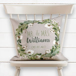 Rustic Linen WandeMr & Mrs Bröllop Keepsaké Kudde<br><div class="desc">Personlig bröllop keepsaké. I det här trendiget har den robusta digitala linne-designkudden en naturlig beige linen struktur-bakgrund med en vacker vattenfärgsgrej och bomullssprit som ram det trendig handskrivna manuset Mr. Och fru Monogram. Parets gifta efternamn skrivs över, med bröllop-datumet nedan. Utformningen är densamma både framtill och baktill. Gör en underbar...</div>