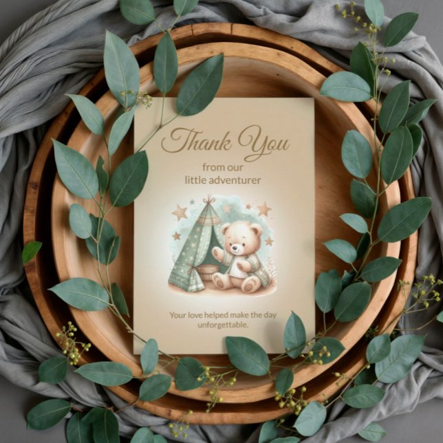 Rustic Little Adventurer Nalle Bear Baby Tack Kort (Thank you from our little adventurer teddy bear baby shower thank you card)