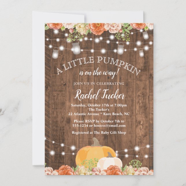 Rustic Little Pumpkin Mason Burk Ljus Baby Shower Inbjudningar (Framsida)