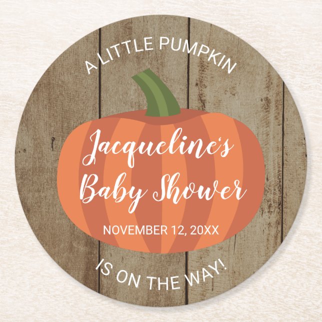 Rustic Little Pumpkin on the way Fall Baby Shower Underlägg Papper Rund (Framsidan)