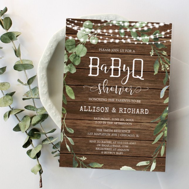 Rustic ljus greenery wood BBQ babydusch Inbjudningar (Skapare uppladdad)