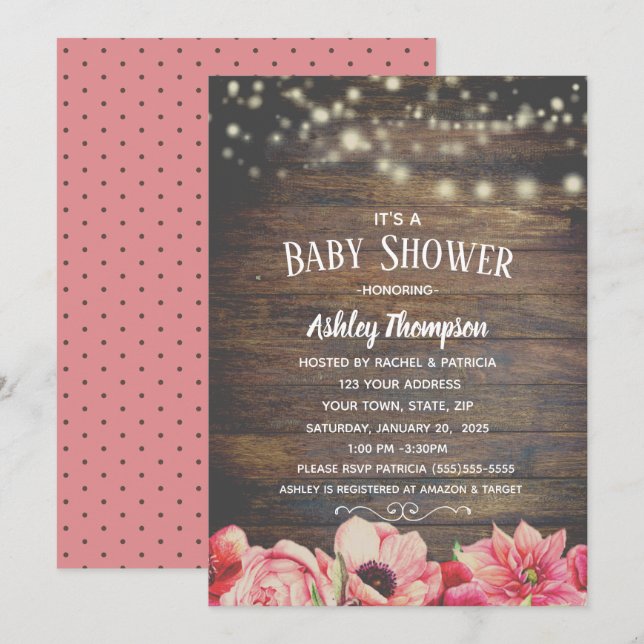 Rustic Ljus Rosa och Brown Baby Shower Inbjudningar (Fram/baksida)