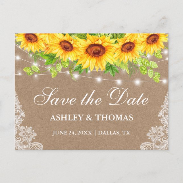 Rustic Ljus Snöre solblommor Kraft Spara datumet Meddelande Vykort (Framsida)
