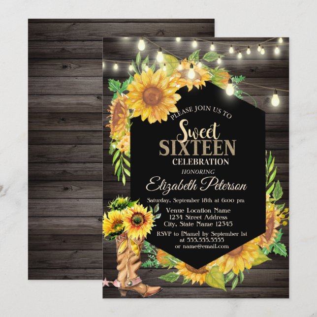 Rustic Ljus,Solblommor Land Wood Sweet 16 Inbjudningar (Fram/baksida)