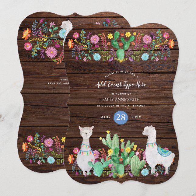 Rustic Llama Watercolor Folk Flowers ANY EVENT Inbjudningar (Fram/baksida)