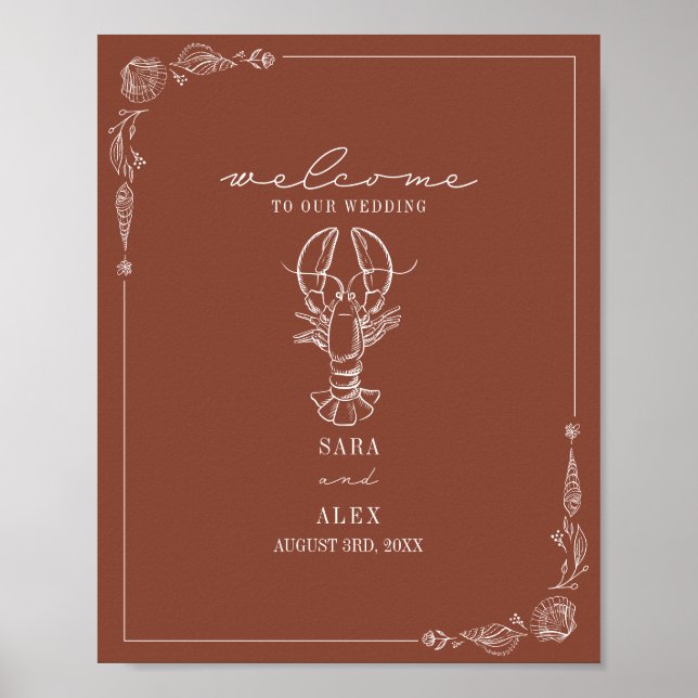 Rustic Lobster Terracotta Beach Wedding Välkommen Poster (Framsidan)