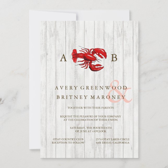 RUSTIC LOBSTER WOOD WEDING INVITATION INBJUDNINGAR (Framsida)