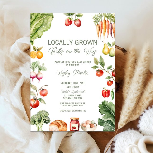 Rustic Locally Grown Farmers Market Baby Shower Inbjudningar (Locally Grown Farmers market baby shower invite with rustic fruits, veggies, and sweet garden charm)