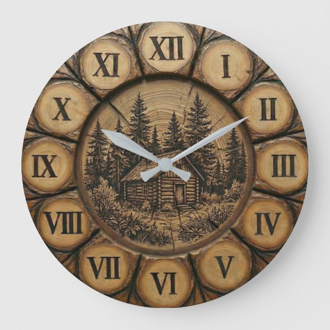 Rustic Log Cabin Wall Clock | Wood-Look Forest Stor Klocka (Framsida)
