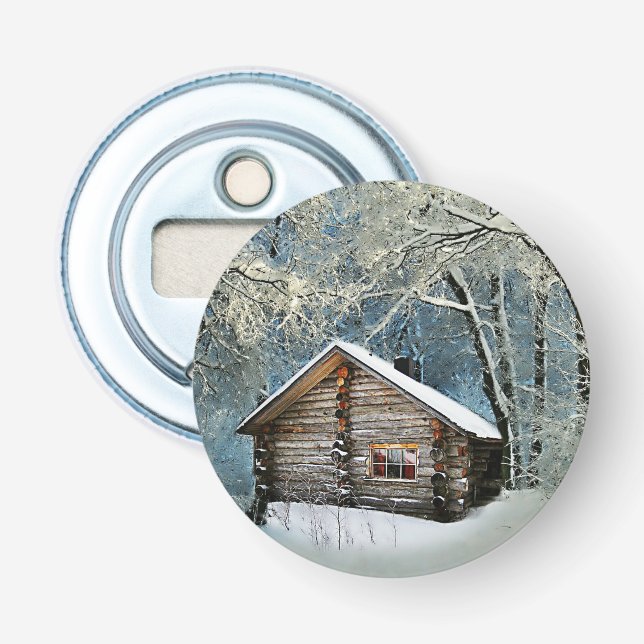 Rustic Log Cabin Winter Magic Flasköppnare (Framsidan)