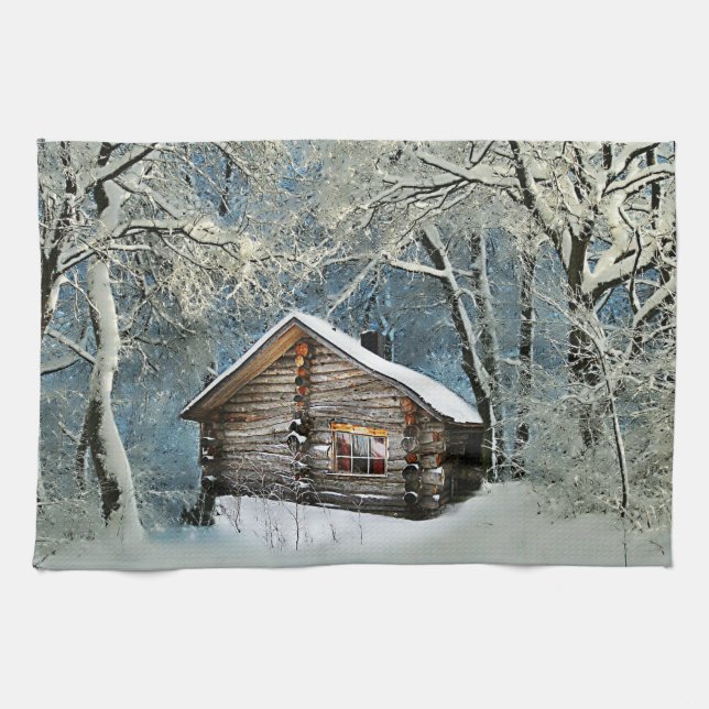 Rustic Log Cabin Winter Magic Kökshandduk (Horisontell)