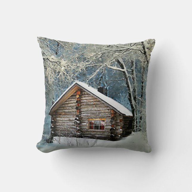 Rustic Log Cabin Winter Magic Kudde (Framsida)