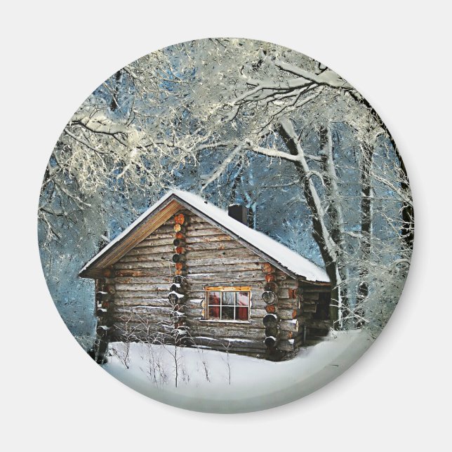 Rustic Log Cabin Winter Magic Magnet (Framsidan)