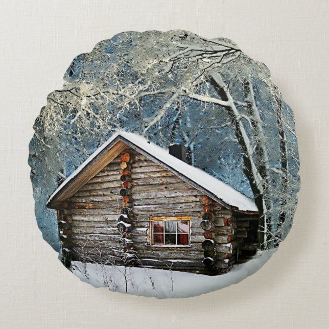 Rustic Log Cabin Winter Magic Rund Kudde (Framsidan)