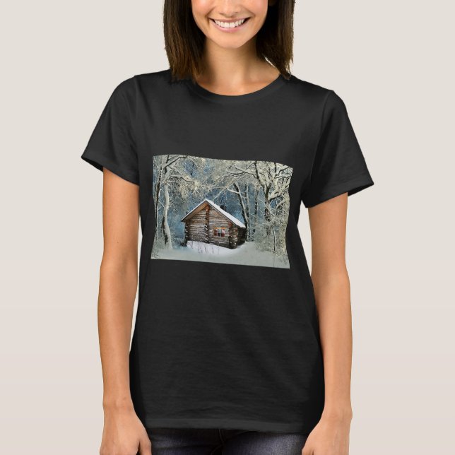 Rustic Log Cabin Winter Magic T Shirt (Framsida)