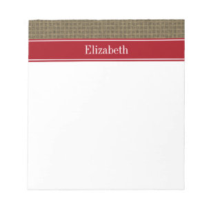 Rustic look Burlap #2 Cranberry Red Namn Monogram Anteckningsblock