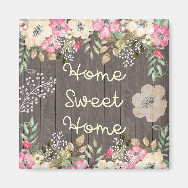 Rustic look Home Sweet Home Blommigt Wood Magnet (Framsidan)