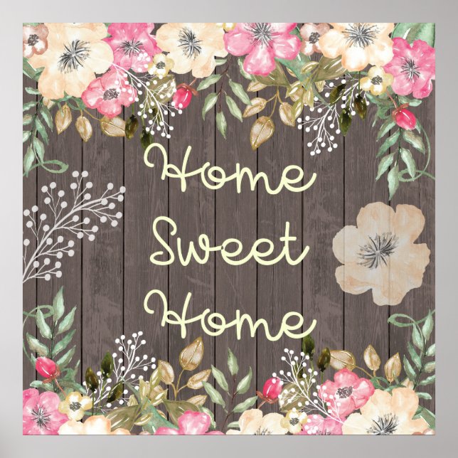 Rustic look Home Sweet Home Blommigt Wood Poster (Framsidan)