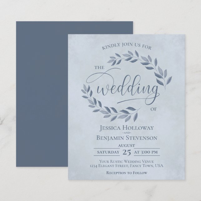 Rustic Löv Dusty Blue BUDGET Wedding bjudande in (Fram/baksida)