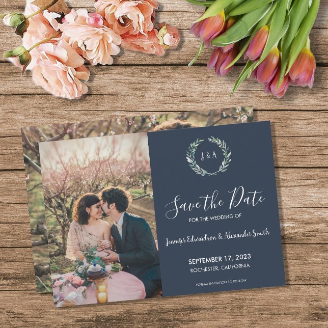 Rustic löv monogram foto Spara datum Inbjudningar (Rustic leaves monogram photo Save the Date Invitation. You can add your own photos and text.)