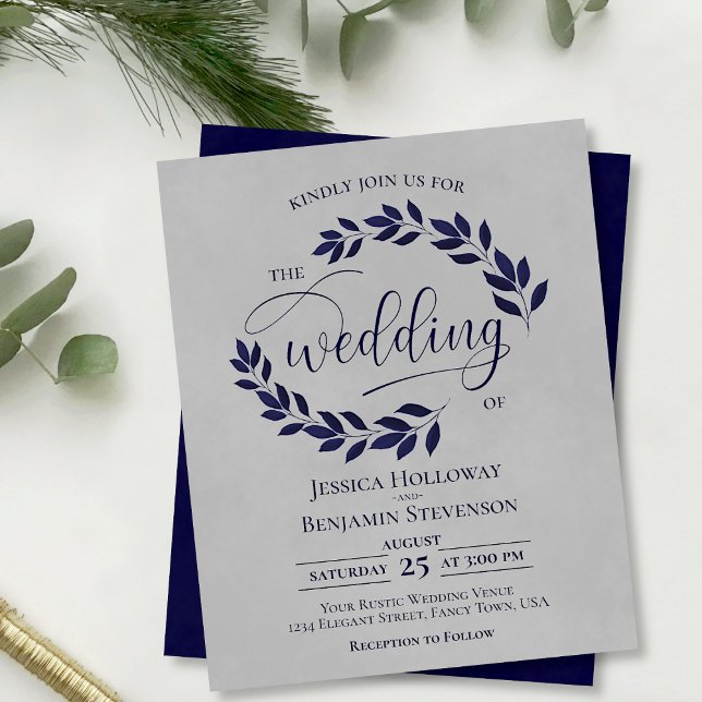 Rustic Löv Navy Blue Grått BUDGET Wedding bjudande (Skapare uppladdad)
